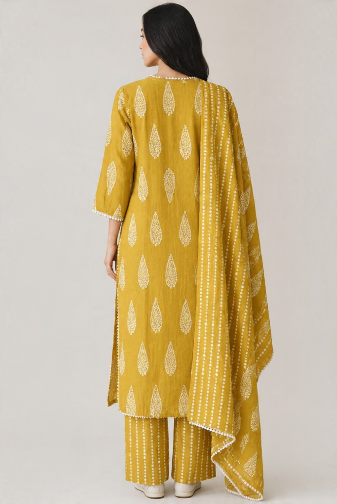 Women's Cotton Straight-Cut Kameez, Pant and Dupatta, Mustard Yellow