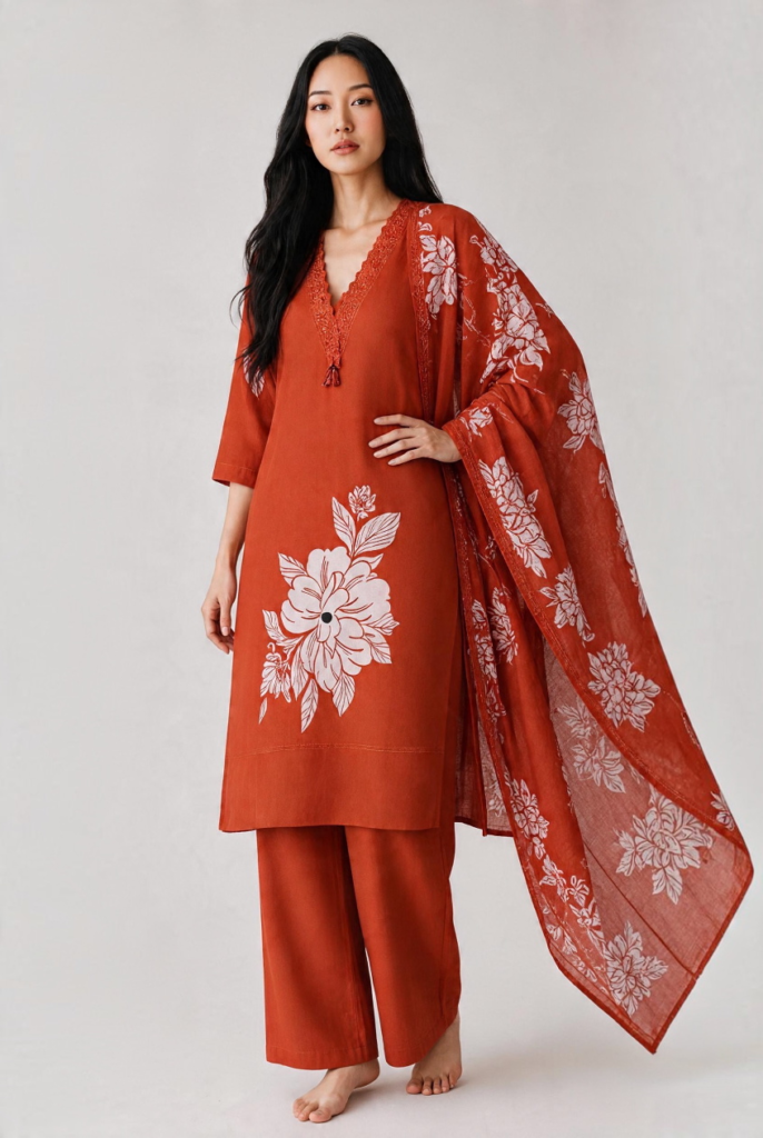 Women's Cotton Staight-cut Kameez, pant and Dupatta, Rust Brown