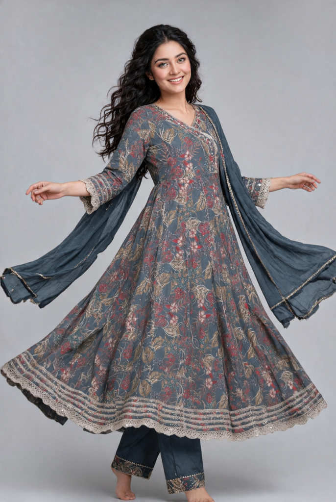 Women's Cotton Angrakha Kameez,Pant and Dupatta, Steel Blue