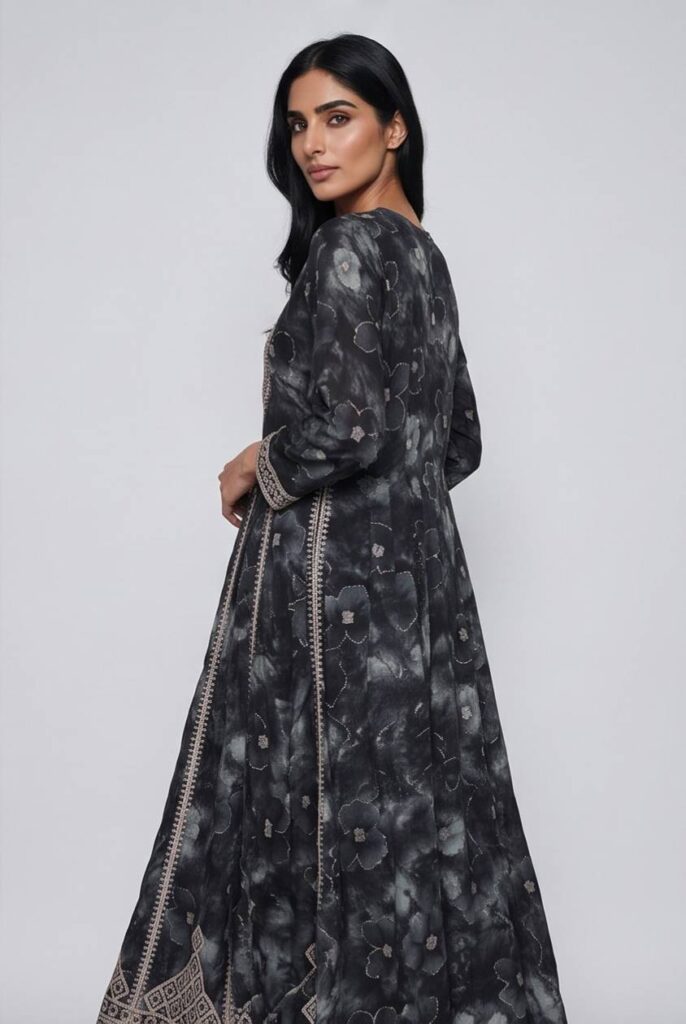 Women's Cotton Anarkali Kameez,Pant and Dupatta, Jet Black