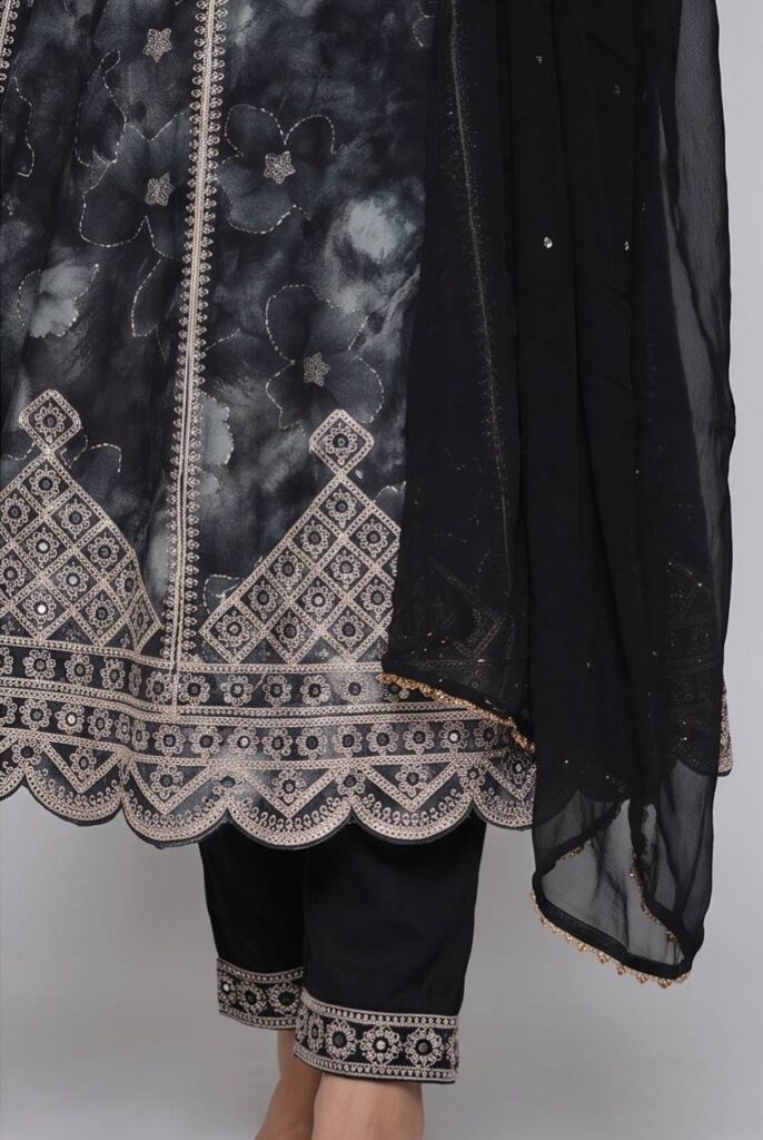 Women's Cotton Anarkali Kameez,Pant and Dupatta, Jet Black