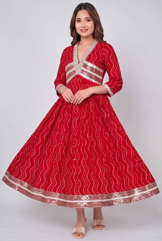 Women's Cotton Angrakha Kameez, Crimson Red