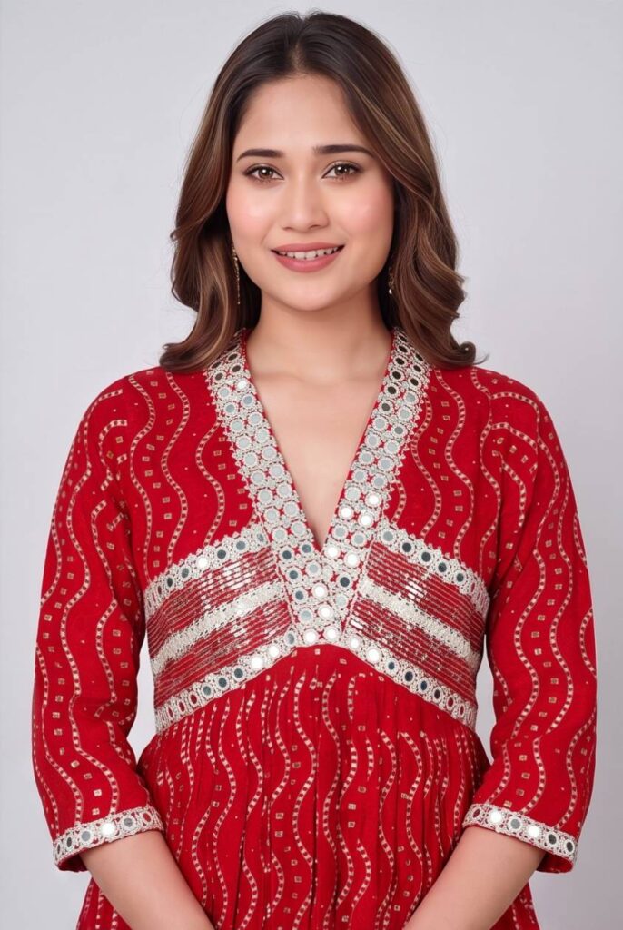 Women's Cotton Angrakha Kameez, Crimson Red