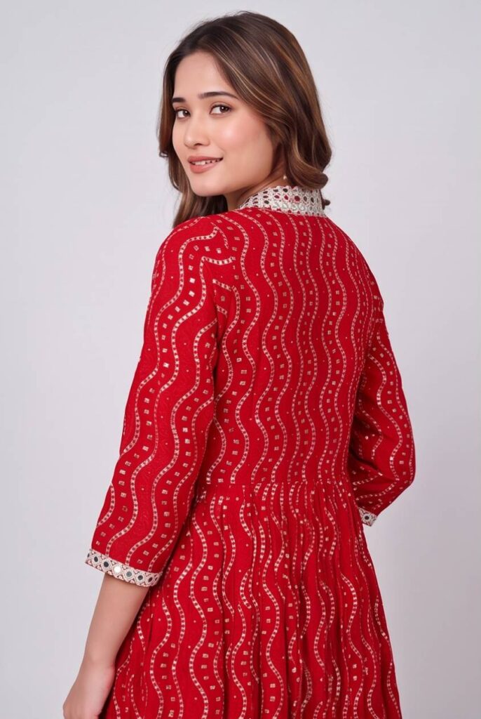 Women's Cotton Angrakha Kameez, Crimson Red