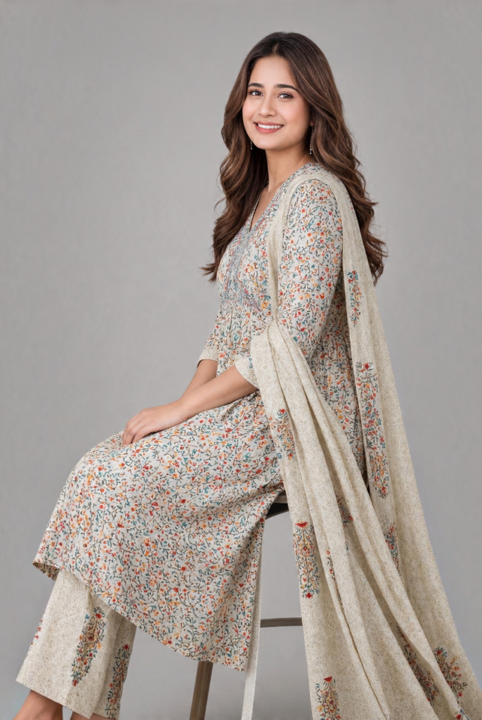 Women's Cotton Straight-cut Kameez, Pant and Dupatta, Off-White