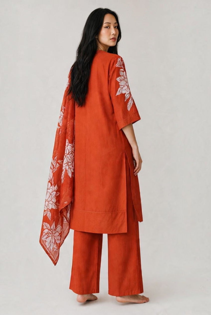 Women's Cotton Staight-cut Kameez, pant and Dupatta, Rust Brown - Image 3