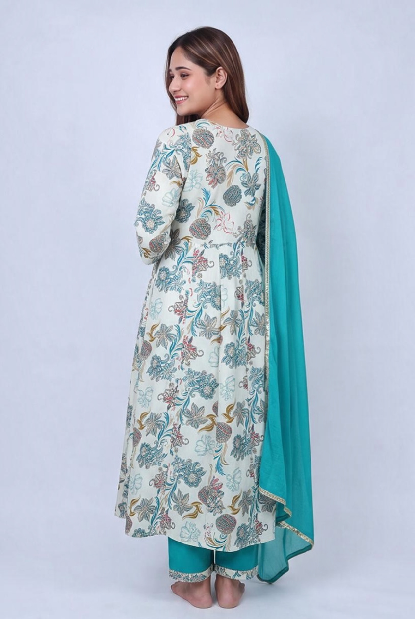 Women's Cotton Anarkali Kameez, pant and Dupatta, Teal Blue - Image 4