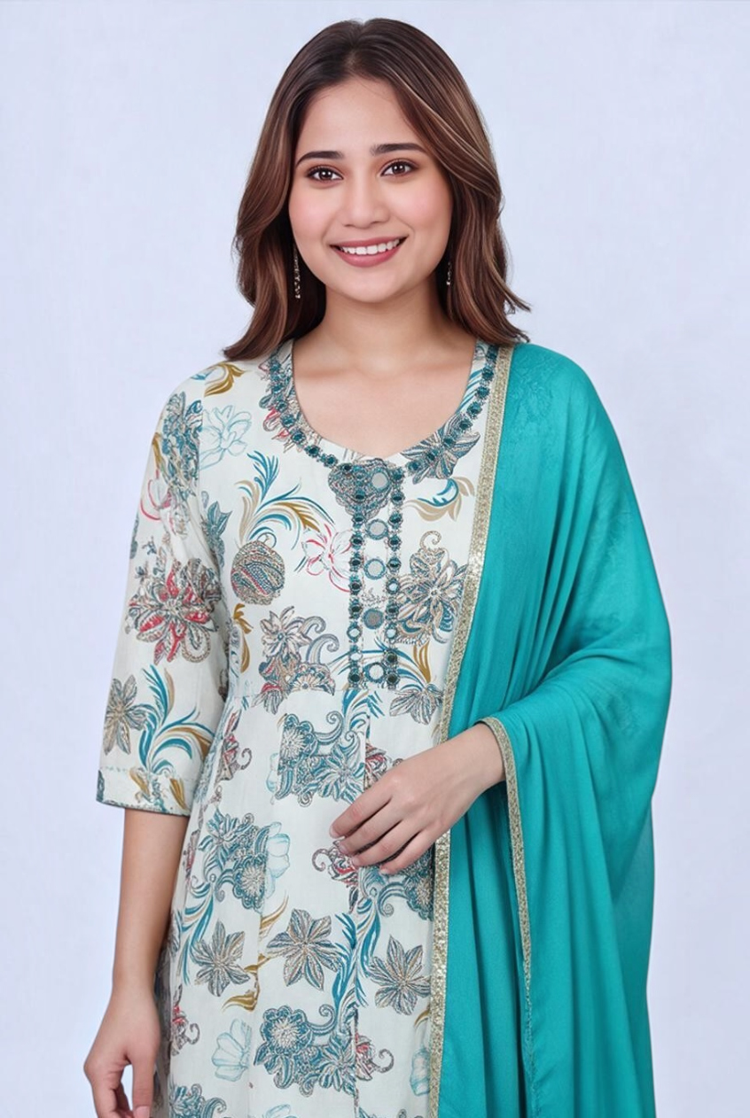 Women's Cotton Anarkali Kameez, pant and Dupatta, Teal Blue - Image 3