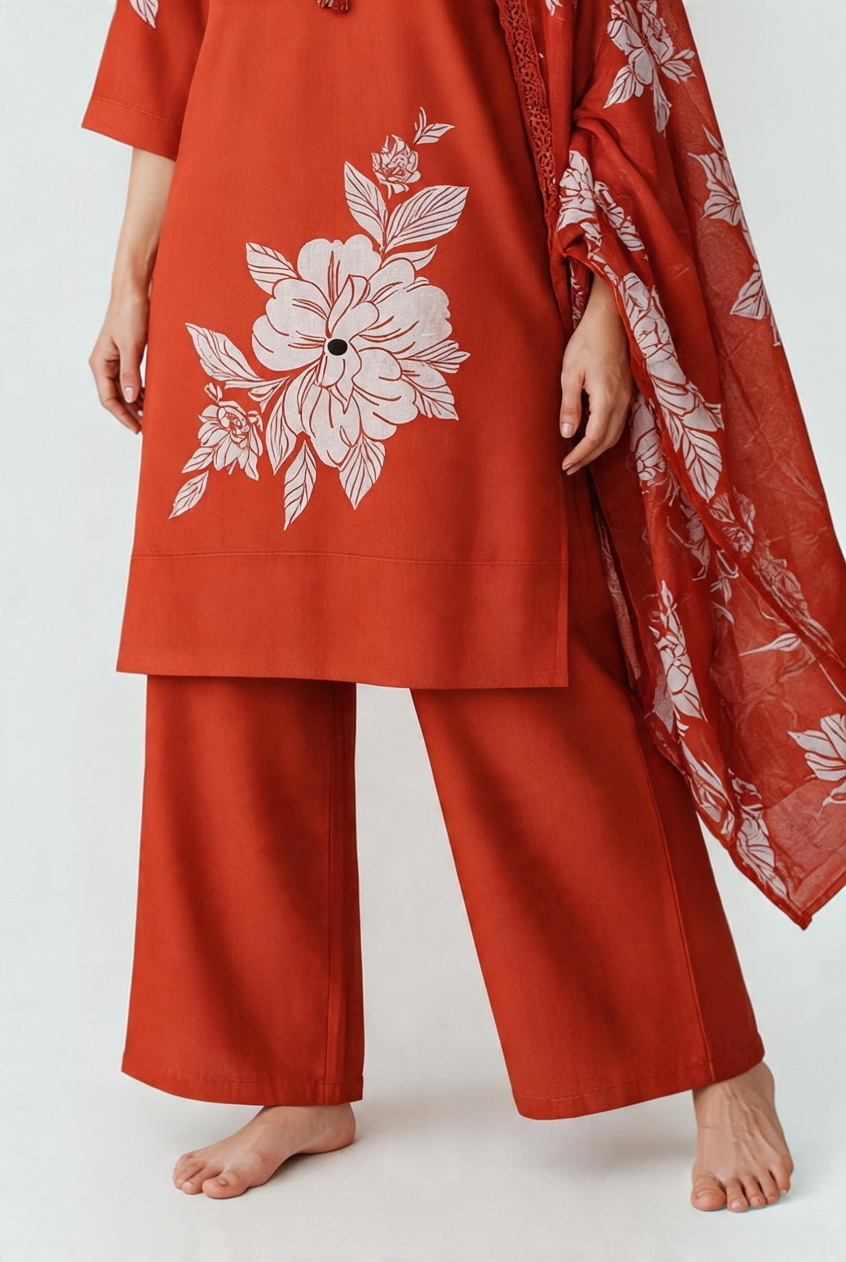 Women's Cotton Staight-cut Kameez, pant and Dupatta, Rust Brown - Image 2