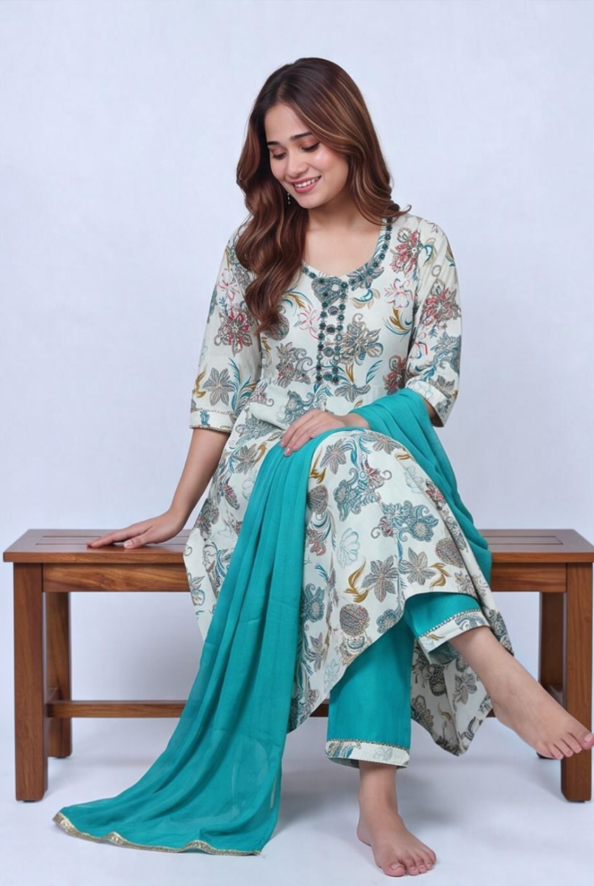 Women's Cotton Anarkali Kameez, pant and Dupatta, Teal Blue - Image 2