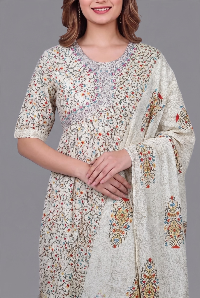 Women's Cotton Straight-cut Kameez, Pant and Dupatta, Off-White