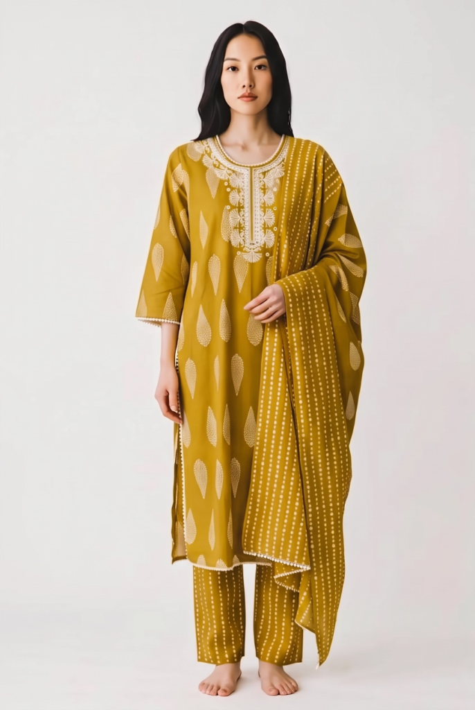 Women's Cotton Straight-Cut Kameez, Pant and Dupatta, Mustard Yellow