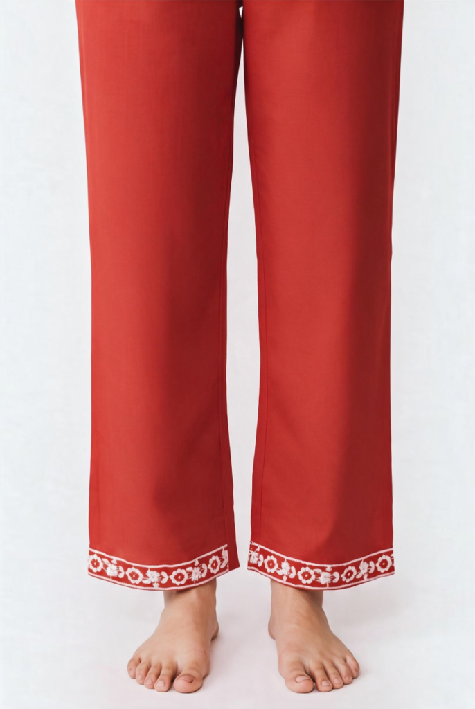 Women's Cotton Angrakha Waist flared Kameez, pant and Dupatta, Crimson Orange