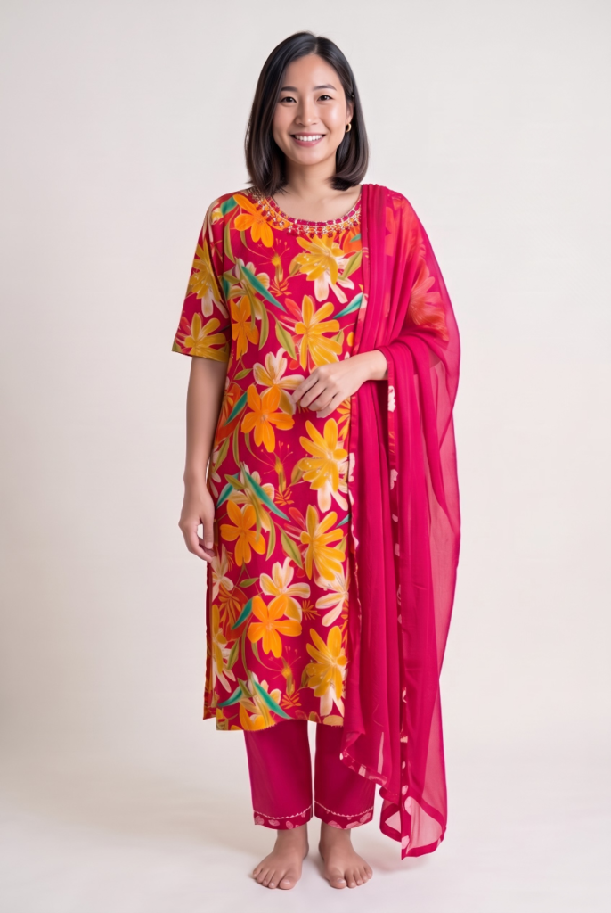 Women's Cotton Straight-Cut Kameez, Pant and Dupatta, Rich Fuchsia