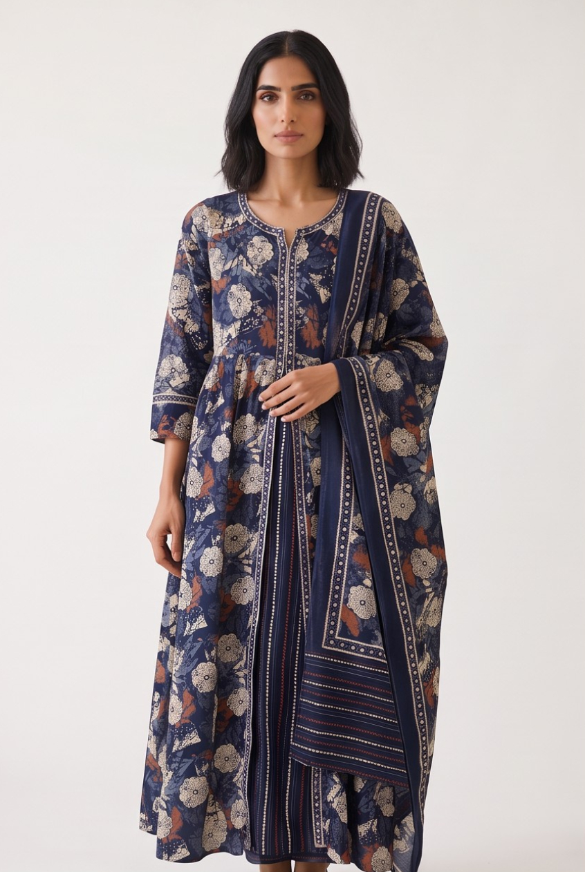 Women's Cotton Layered Anarkali Kameez and Dupatta, Navy Blue - Image 2