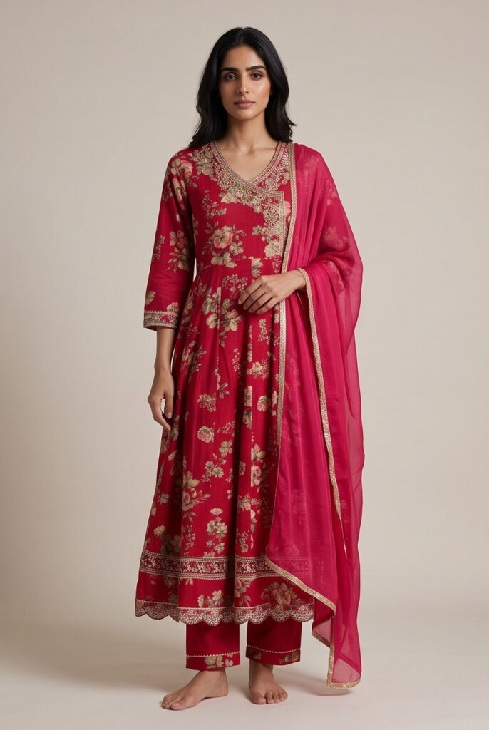 Women's Cotton Angrakha Kameez,Pant and Dupatta. Ruby Red