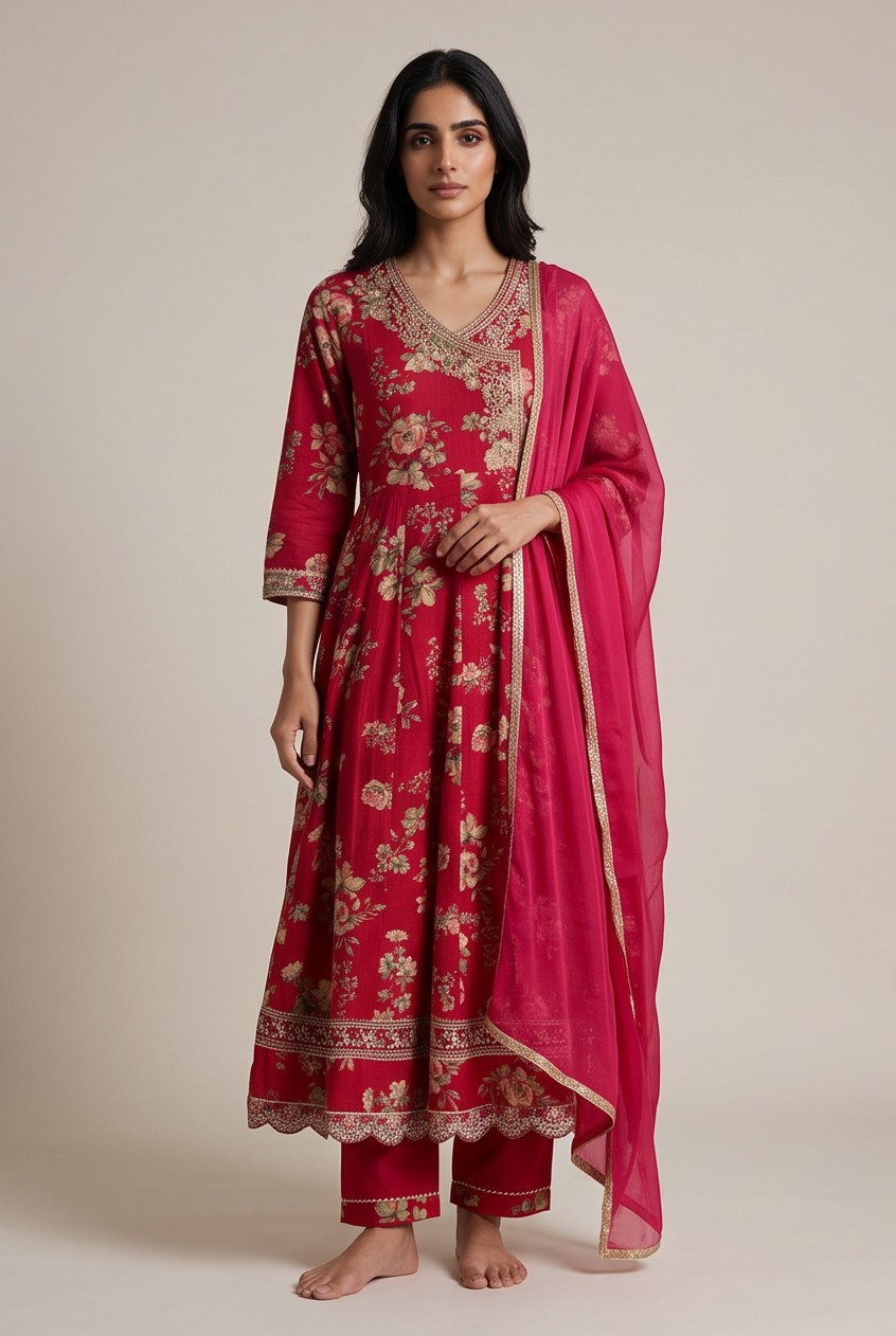 Women's Cotton Angrakha Kameez,Pant and Dupatta. Ruby Red - Image 2