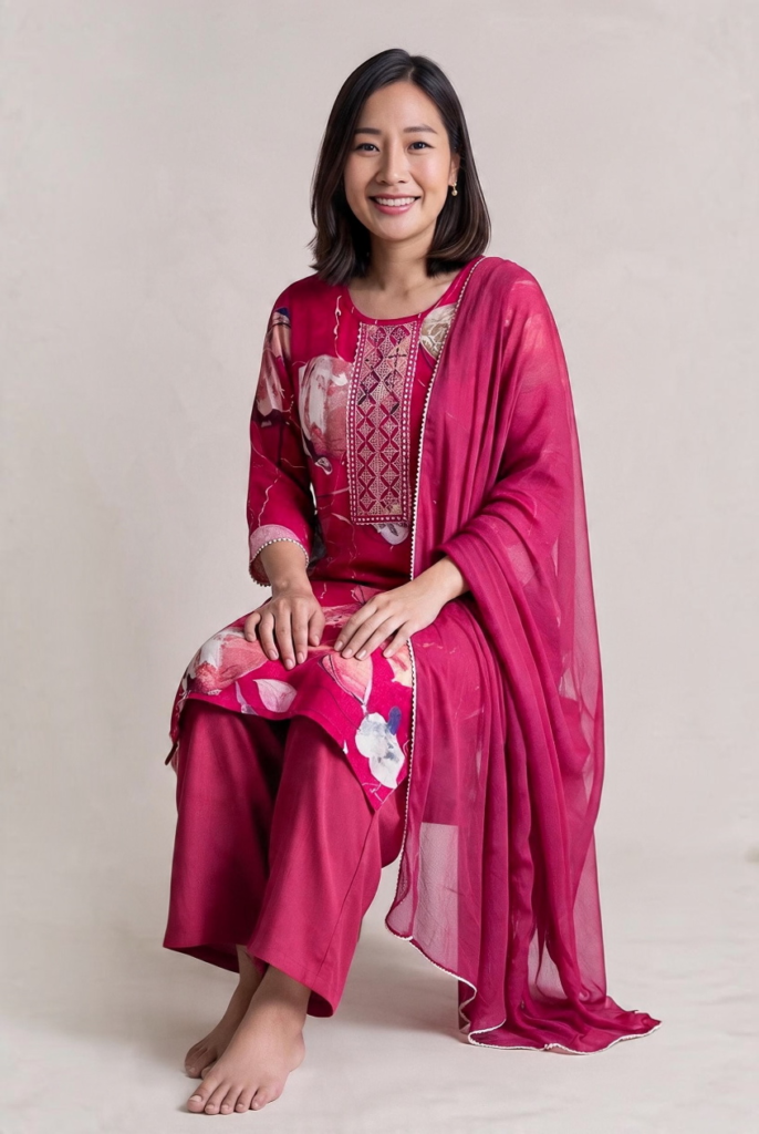 Women's Cotton Straight-Cut Kameez, Pant and Dupatta, Navy Blue