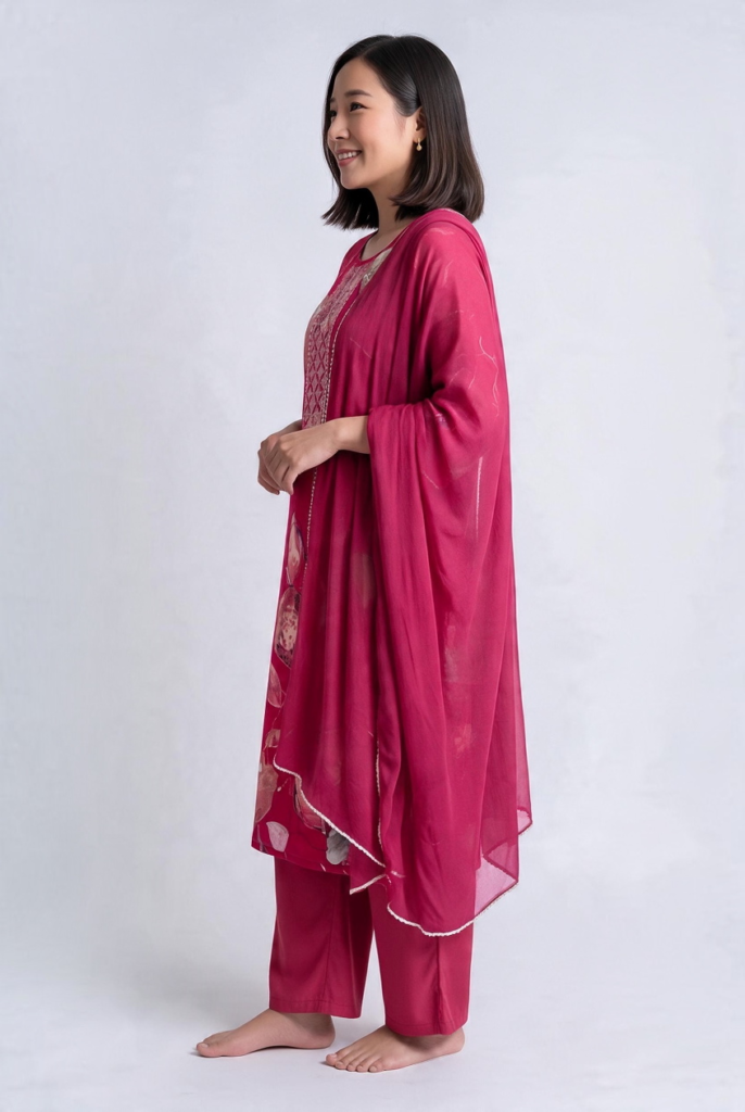 Women's Cotton Straight-Cut Kameez, Pant and Dupatta,Raspberry Pink