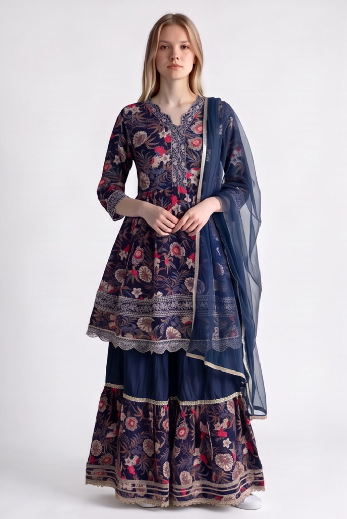 Women's Cotton Anarkali Kameez, Gharara and Dupatta
