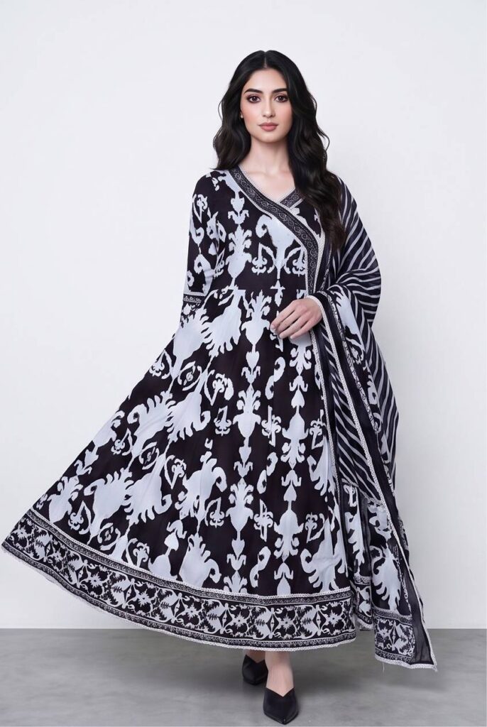 Women's Cotton Angrakha Kameez,Pant and Dupatta, Charcoal Black