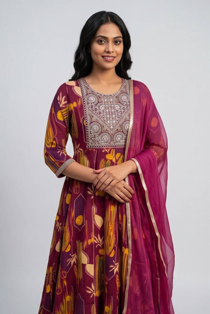 Women's Cotton Anarkali Kameez,Pant and Dupatta, Plum Purple
