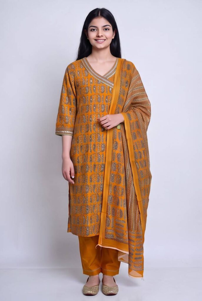 Women's Cotton Angrakha Kameez, pant and Dupatta,Mustard Orange