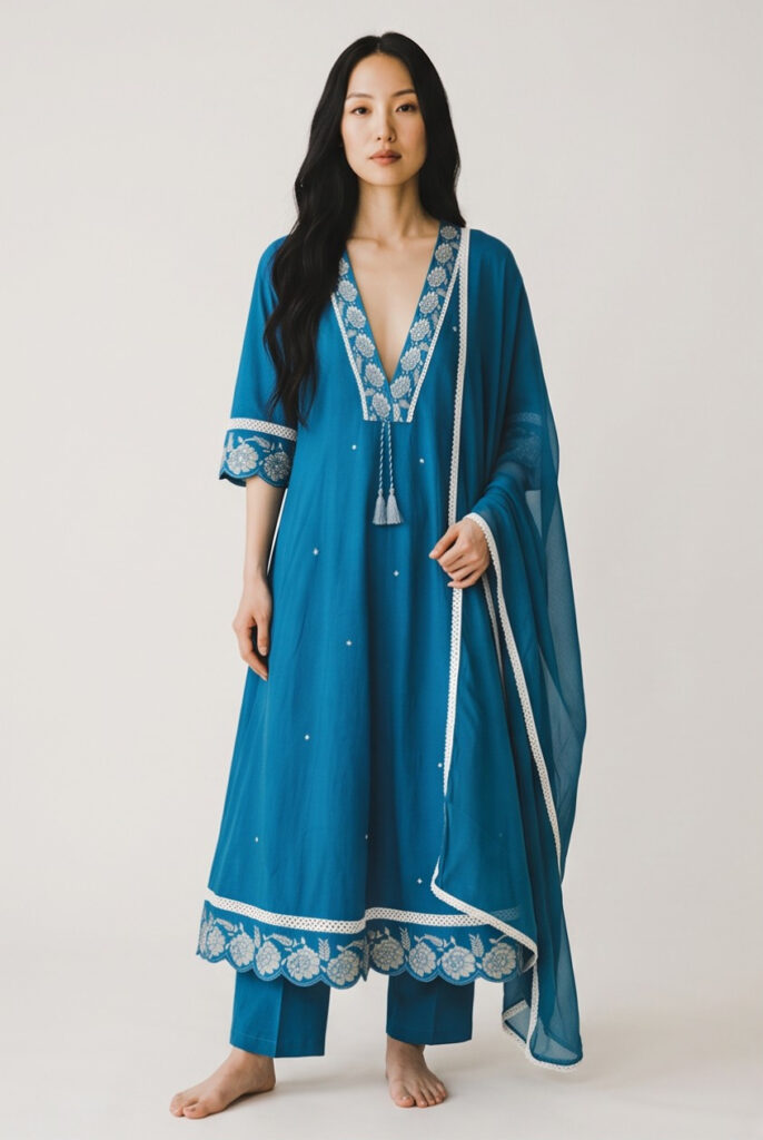 Women's Cotton Anarkali Suit with Kameez, Pant and Dupatta, Teal Blue