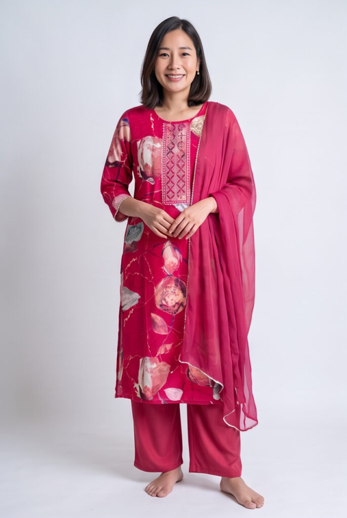Women's Cotton Straight-Cut Kameez, Pant and Dupatta,Raspberry Pink