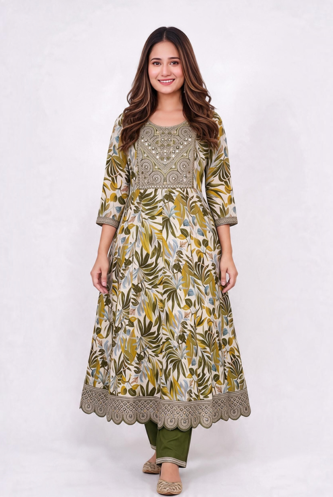 Women's Cotton Anarkali Kameez and Pant, Moss Green