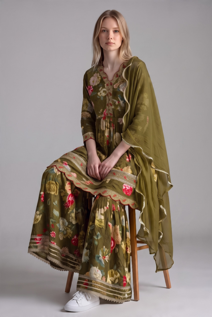 Women's Cotton Anarkali Kameez, Gharara and Dupatta