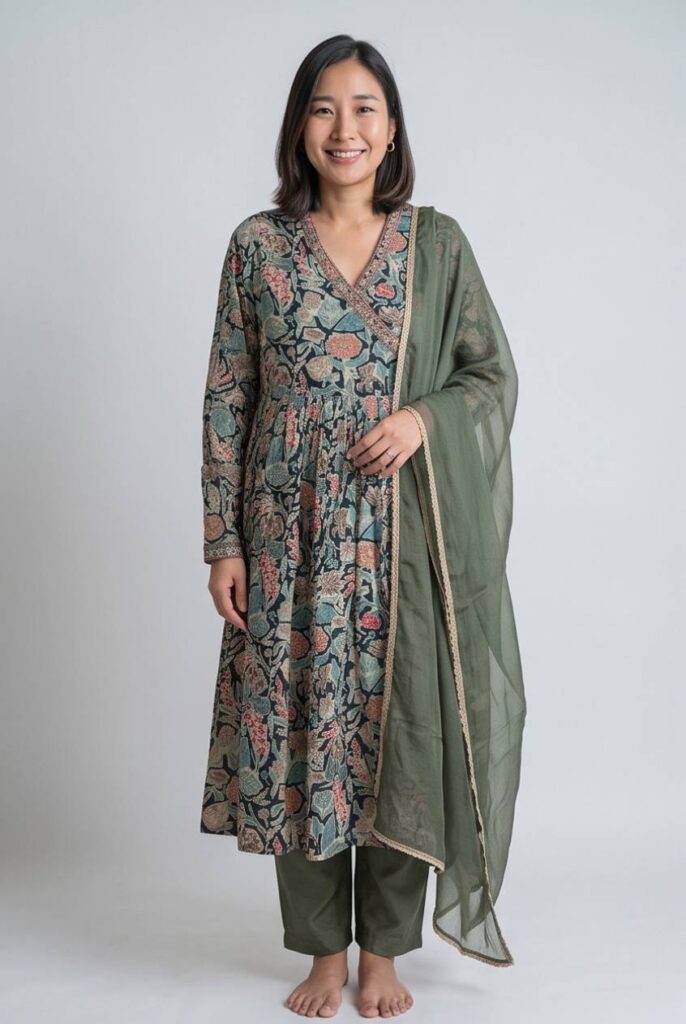 Women's Cotton Angrakha Kameez, Pant  and Dupatta, Olive Green