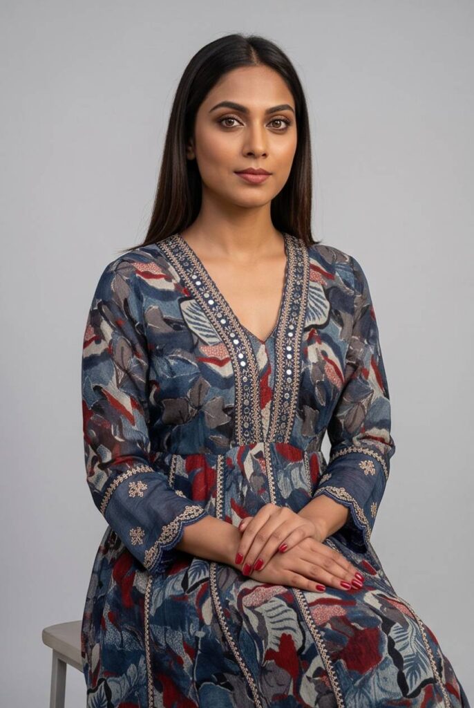 Women's Cotton Anarkali Kameez,Pant and Dupatta, Slate Blue