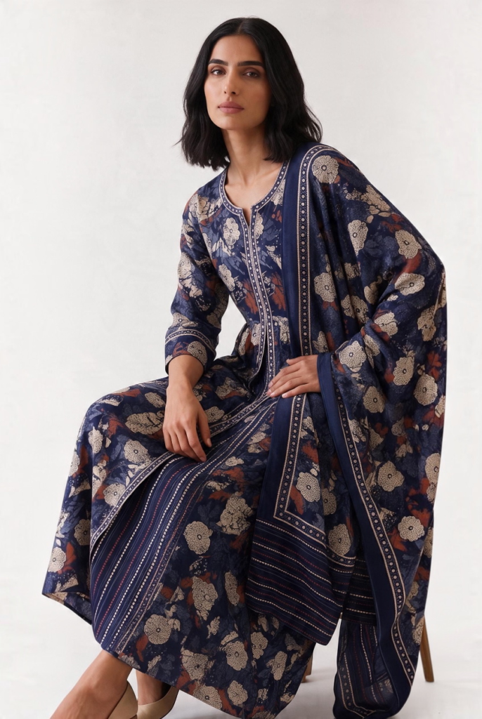 Women's Cotton Layered Anarkali Kameez and Dupatta, Navy Blue