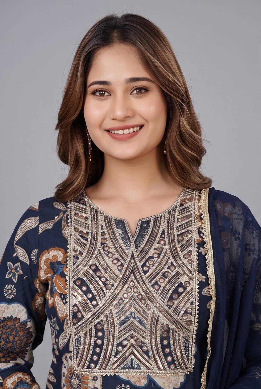 Women's Cotton Straight-cut Kameez and Dupatta, Rich Navy Blue - Image 3