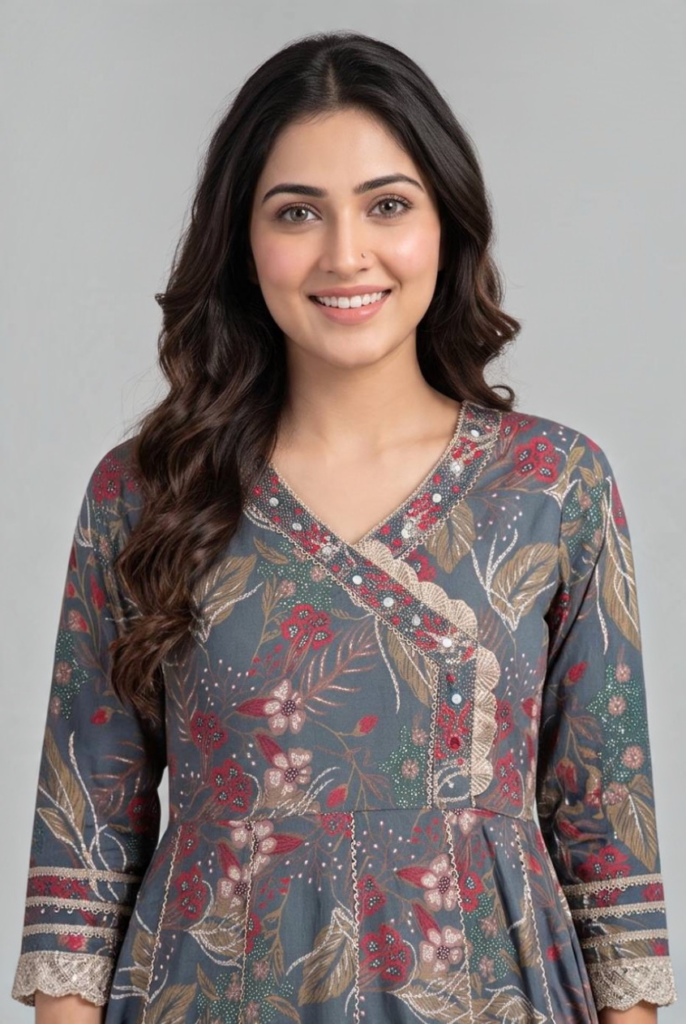 Women's Cotton Angrakha Kameez,Pant and Dupatta, Steel Blue