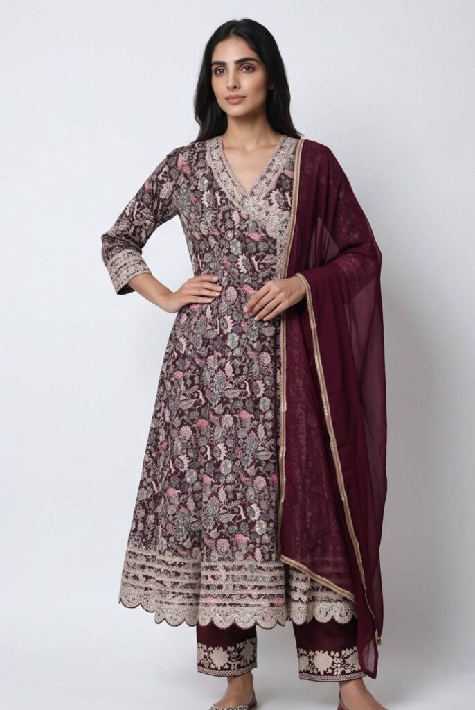 Women's Cotton Angrakha Kameez,Pant and Dupatta, Burgundy Wine