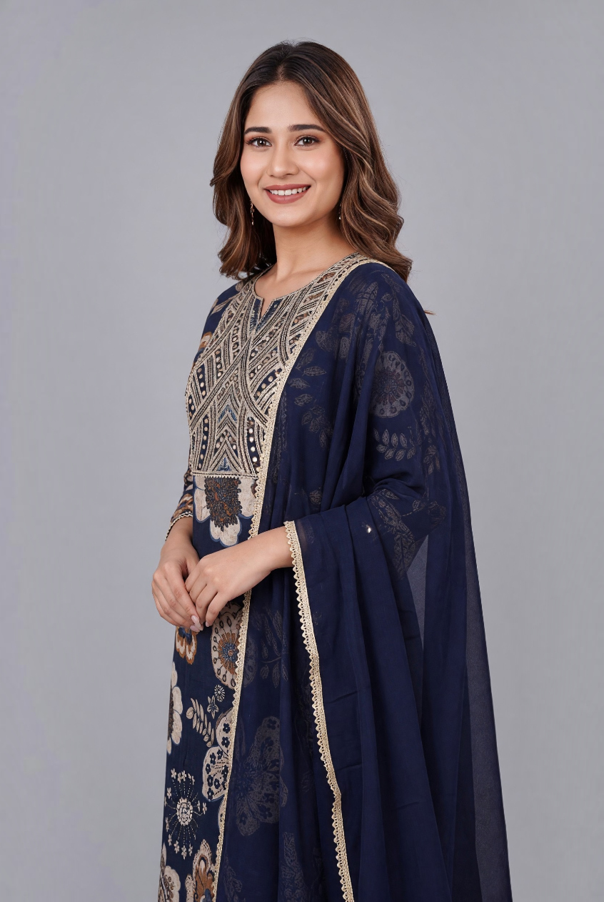 Women's Cotton Straight-cut Kameez and Dupatta, Rich Navy Blue - Image 2