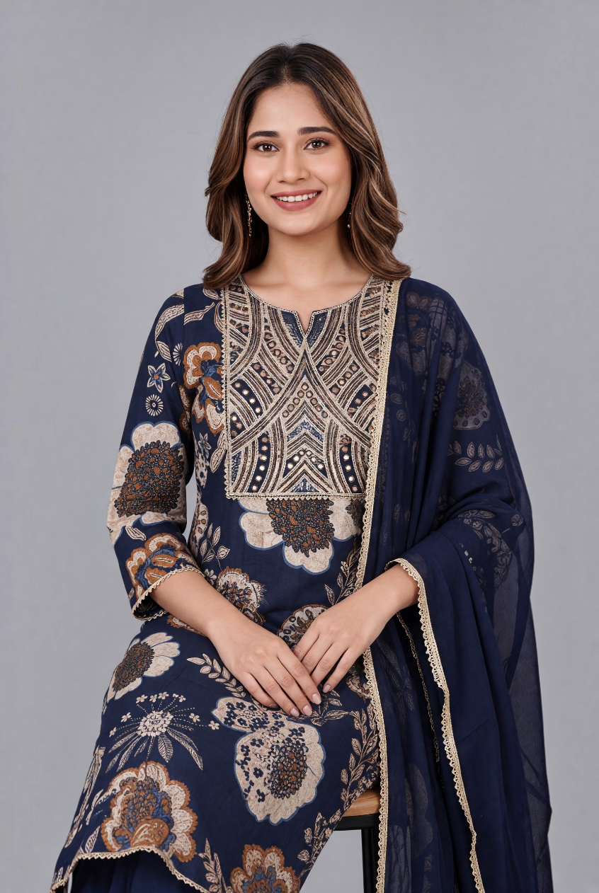 Women's Cotton Straight-cut Kameez and Dupatta, Rich Navy Blue - Image 4