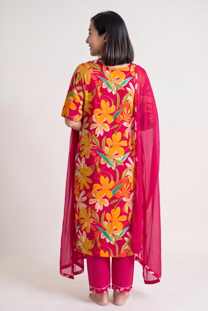 Women's Cotton Straight-Cut Kameez, Pant and Dupatta, Rich Fuchsia