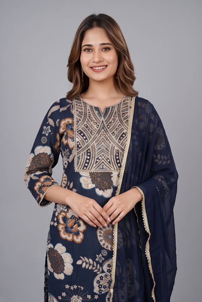 Women's Cotton Straight-cut Kameez and Dupatta, Rich Navy Blue