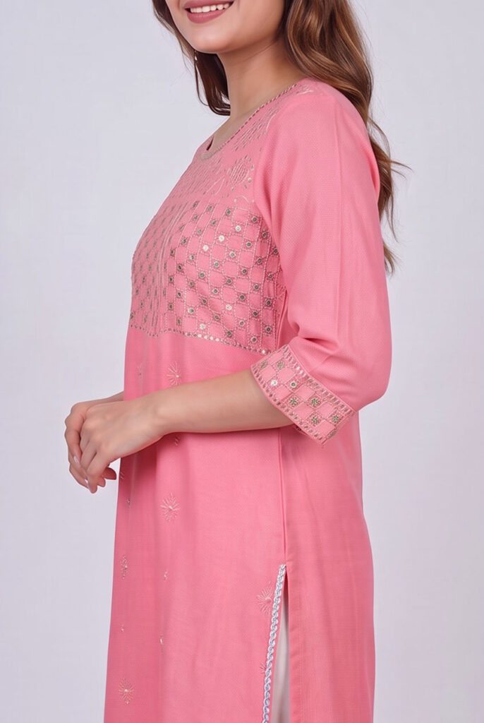 Women's Cotton Straight-cut Kameez, Rose Pink