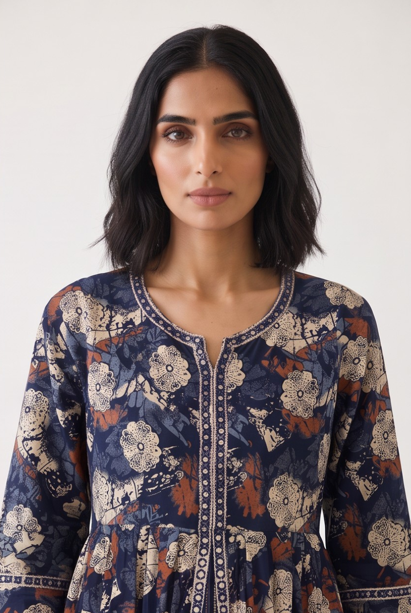 Women's Cotton Layered Anarkali Kameez and Dupatta, Navy Blue - Image 3