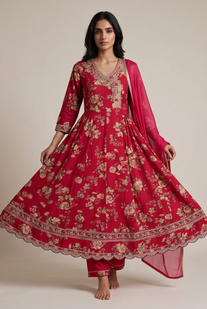 Women's Cotton Angrakha Kameez,Pant and Dupatta. Ruby Red