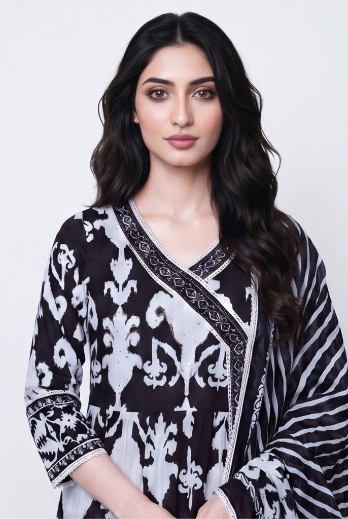 Women's Cotton Angrakha Kameez,Pant and Dupatta, Charcoal Black