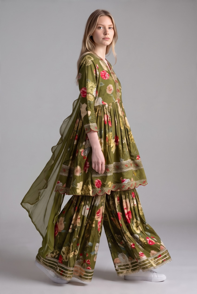 Women's Cotton Anarkali Kameez, Gharara and Dupatta