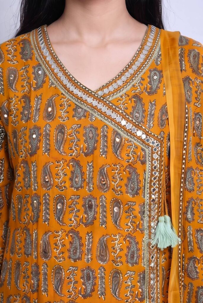 Women's Cotton Angrakha Kameez, pant and Dupatta,Mustard Orange