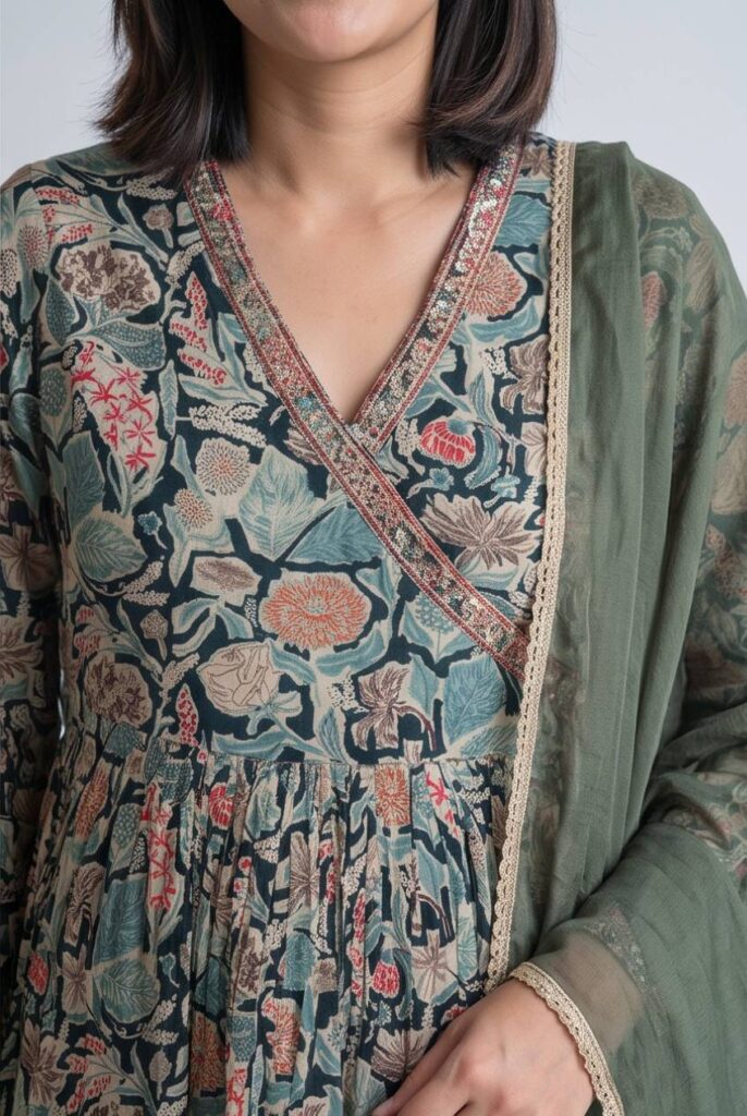 Women's Cotton Angrakha Kameez, Pant  and Dupatta, Olive Green