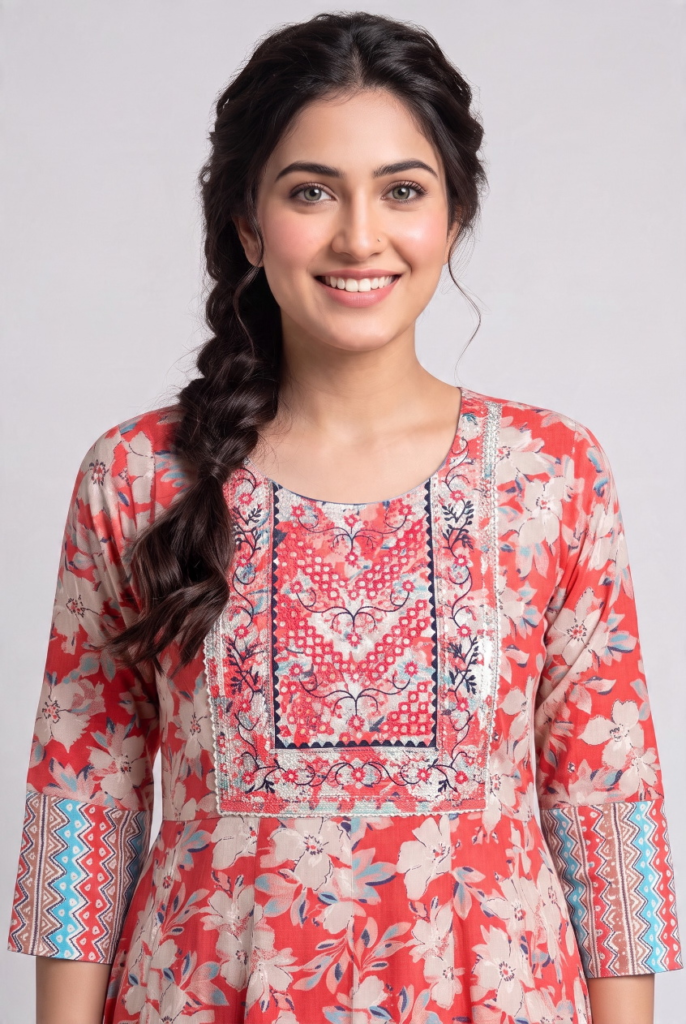 Women's Cotton Anarkali Kameez and Dupatta, Coral