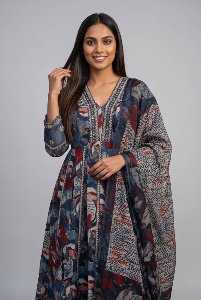 Women's Cotton Anarkali Kameez,Pant and Dupatta, Slate Blue
